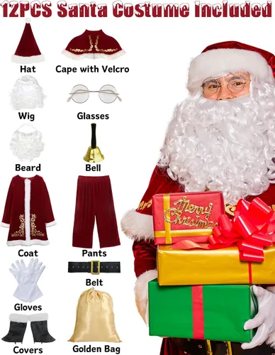 Vista 5 de Disfraz de Papá Noel para hombre, 12 piezas, juego de terciopelo rojo de lujo, fiesta de Navidad, cosplay para adultos, traje de Papá Noel