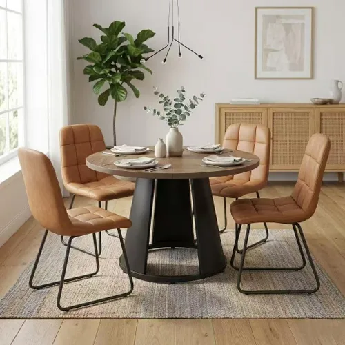 Vista 13 de HIPIHOM Juego de mesa de comedor redonda de 47.2 pulgadas para 4 mesas de madera modernas con 4 sillas tapizadas, base de pedestal de metal, muebles