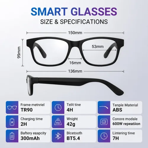 Vista 8 de Gafas inteligentes mejoradas con IA con cámara, video 4K de 8MP