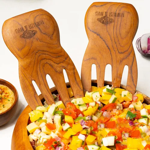 Vista 2 de Rainforest Bowls Manos para servir ensaladas de madera de teca javanesa, perfectas para mezclar, lanzar y servir ensalada, ultra duradero, diseño