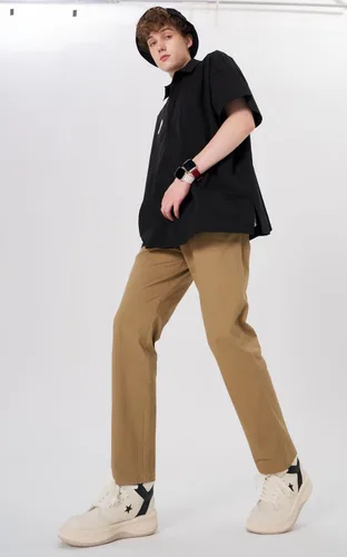 Vista 7 de Plaid&Plain Pantalones caqui elásticos de ajuste recto con bolsillo lateral y cintura elástica para hombre