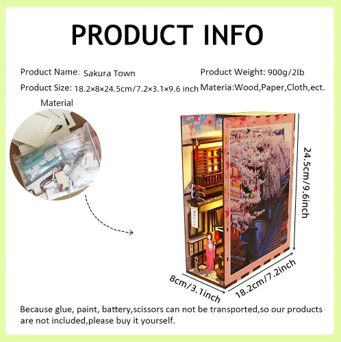 Vista 5 de Rompecabezas de madera 3D con caja de música de luz sensor, kit de montaje de rincón de libros en miniatura para casa de muñecas, sujetalibros, kit
