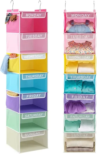 Vista 10 de Amylove Organizador semanal de ropa para niños, 2 piezas, con 7 estantes, organizador colgante de armario de 11.8 x 11.8 x 50 pulgadas, actividades
