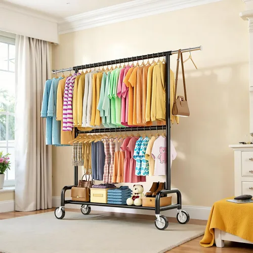 Vista 9 de Perchero de ropa resistente con carga de 860 libras, estantes de ropa rodantes de doble barra para colgar ropa, estante de ropa rodante con estantes