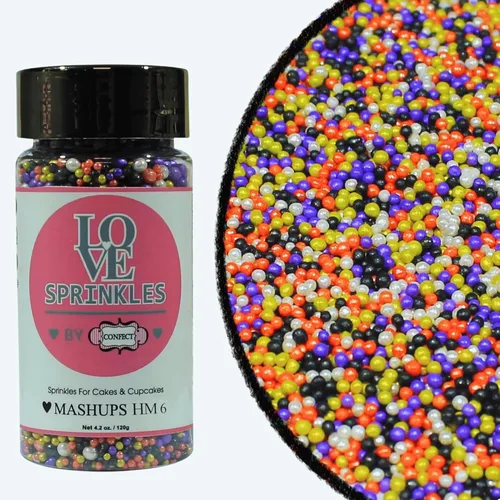 Vista 12 de Confect Mezcla de espolvorear de Halloween – Bolas de discoteca blancas, naranjas, moradas, negras y verdes, ojos de caramelo y jimmies – Gránulos