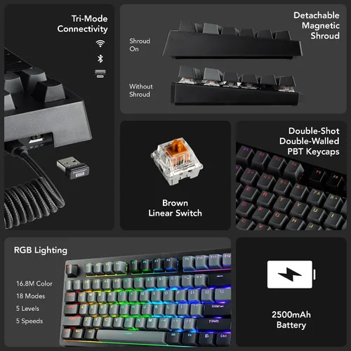Vista 3 de TECWARE Phantom+ Elite Teclado mecánico RGB de 87 teclas para juegos 3 modos Bluetooth inalámbrico 5.0, 2.4 GHz y USB-C con cable 5 pines