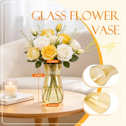 Vista 3 de Der Rose Florero de vidrio ámbar de 8 pulgadas para centro de mesa, decoración de mesa, escritorio para el hogar, decoración de boda