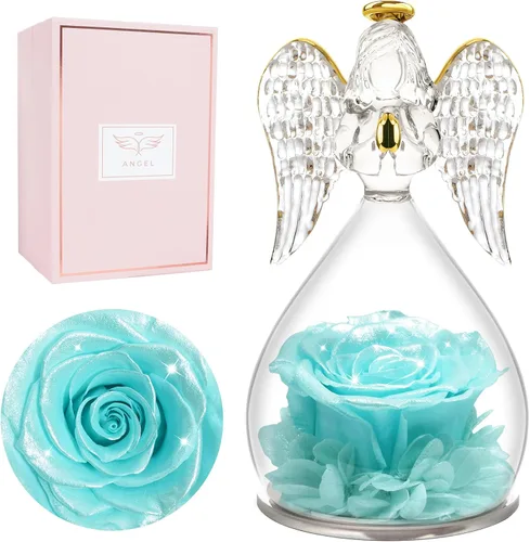 Vista 16 de Miofula Regalos para mamá, regalos de cumpleaños para mujeres, flores preservadas en figuras de ángel de cristal, flores frescas para entrega, Rosa