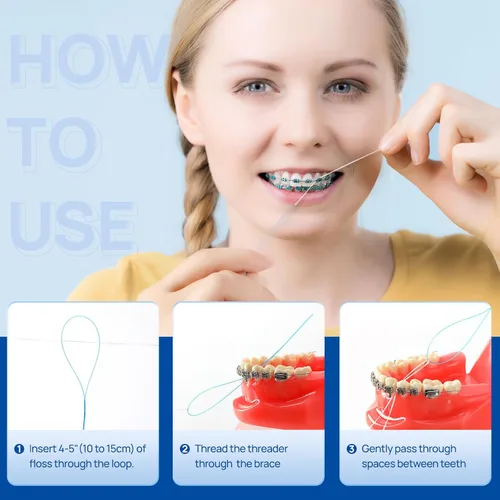 Vista 4 de JMU 100 unidades de enhebrador de hilo dental, enhebrador de hilo dental para aparatos ortopédicos, puentes, implantes, retenedores permanentes, 50