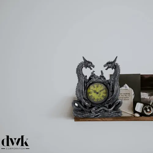 Vista 4 de DWK Twin Evil Dragons - Escritorio de mesa antiguo con repisa 11.25 X 10 X 3 In., 10 In. Diameter Face, Gray Cold-Cast Resin, Runs on 1 AA Battery