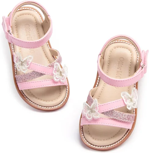 Vista 43 de Sandalias de verano para niñas con puntera abierta, sandalias planas de princesa con suela cómoda D742 Oro
