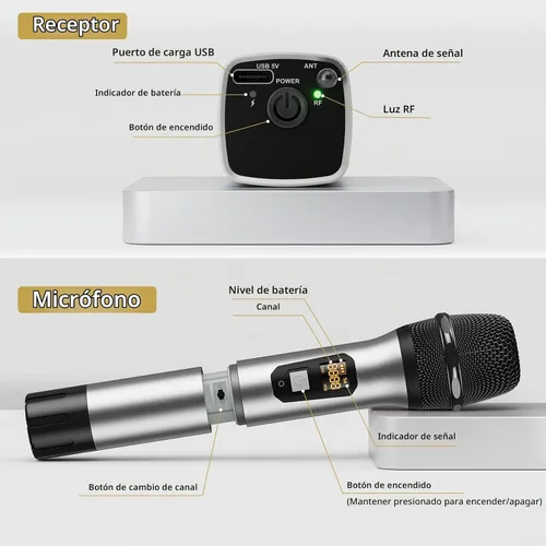 Vista 8 de Micrófono inalámbrico TONOR, sistema de micrófono de mano inalámbrico de metal UHF con receptor recargable, para karaoke, canto, fiesta, boda, DJ