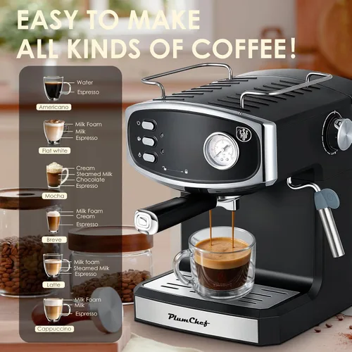 Vista 6 de Plum chef Cafetera espresso de 20 barras para el hogar, cafetera compacta profesional con vaporizador de leche, medidor de presión, tanque de 54