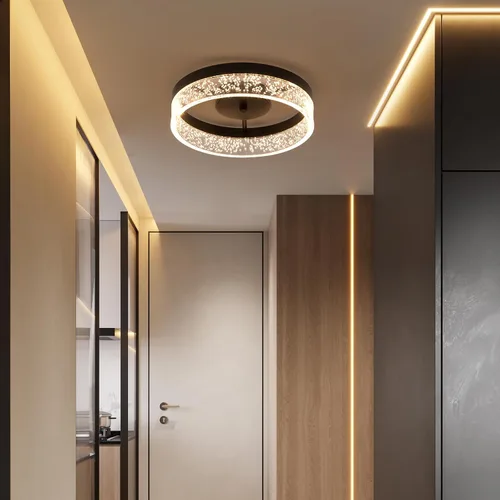 Vista 7 de Qcyuui 20W Black Flush Mount LED Ceiling Light for Kitchen with Granular Clear Acrylic Lampshade, Round Ceiling Lamp for Hallway Dining Room