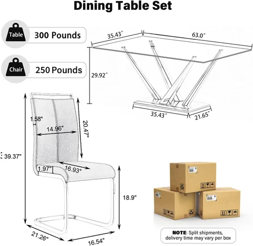 Vista 3 de Juego de mesa de comedor de lujo moderno de 63 pulgadas para 4 tapas rectangulares de vidrio templado con base en U cromada y sillas de comedor Negro