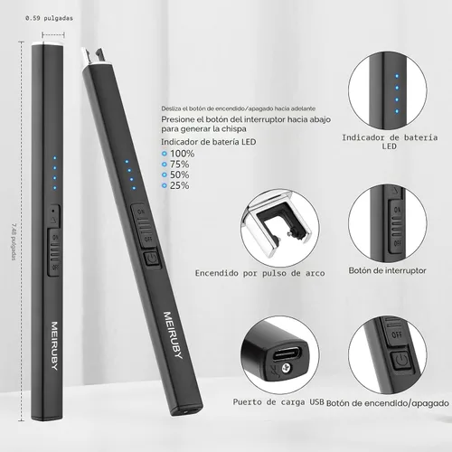 Vista 2 de MEIRUBY Encendedor eléctrico de velas largo electrónico, recargable por USB, arco, resistente al viento, encendedores sin llama para velas, camping
