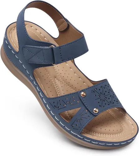 Vista 11 de Sandalias planas de SHIBEVER para mujer elegantes: Sandalias planas cómodas para mujer con punta abierta, correa al tobillo, zapatos de caminar