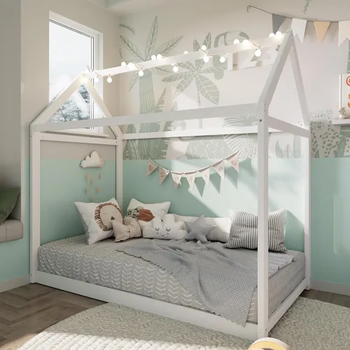 Vista 8 de Merax Cama de casa de madera, cama de piso con listones de madera, no necesita somier, tamaño individual, gris