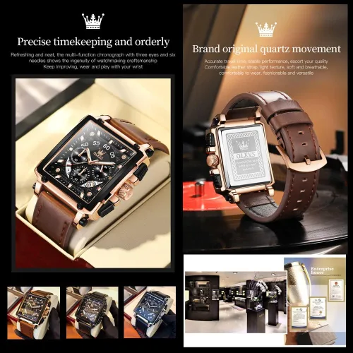 Vista 6 de OLEVS Reloj multifunción de cuero para hombre, reloj cuadrado clásico de cuarzo, para hombre