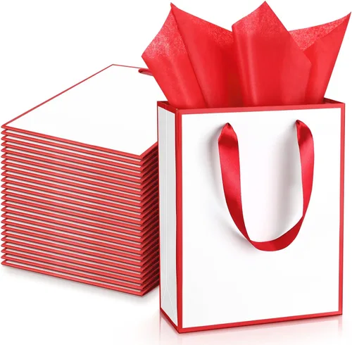 Vista 11 de Yeaqee Paquete de 24 bolsas de regalo de papel metálico con asa y tejido de 9 x 7 x 3.1 pulgadas, papel de aluminio dorado, bolsas de agradecimiento