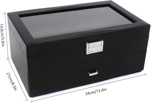 Vista 8 de Caja organizadora de reloj para hombres, 24 ranuras lujosa y masculina caja de exhibición texturizada de fibra de carbono - Parte superior de vidrio