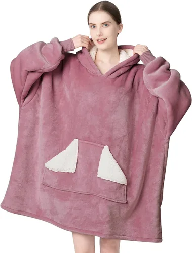 Vista 17 de Touchat - Manta con capucha portátil, sudadera con capucha de forro polar sherpa de gran tamaño con bolsillo gigante y mangas para adulto, regalo