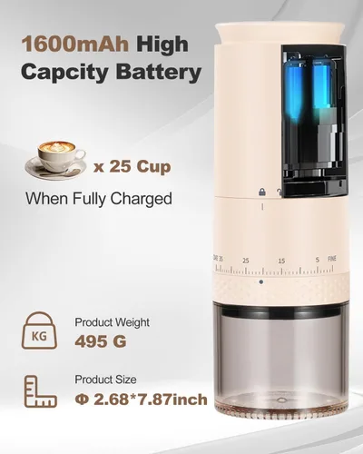 Vista 6 de Molinillo de café eléctrico portátil de acero inoxidable 420, molinillo de café expreso recargable con 38 ajustes de molienda ajustables