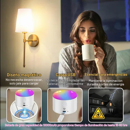 Vista 4 de YHCDLAMP Juego de 2 apliques de pared que funcionan con pilas, luces de pared inalámbricas recargables con bombillas magnéticas de 10000 mAh, hasta