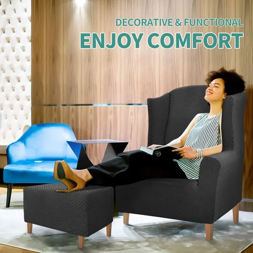 Vista 2 de YEMYHOM 1 funda elástica para silla con respaldo de ala + funda otomana de tamaño pequeño (negro)