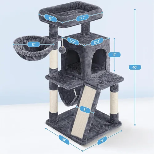 Vista 8 de Yaheetech Torre de árbol para gatos, condominio de 40 pulgadas con hamaca, plataforma suave de gran tamaño, tabla de rascar, canasta, camas