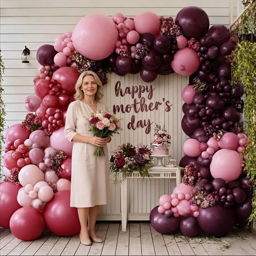 Vista 8 de Globos Burdeos Doble Relleno Morado Oscuro Ciruela Malva Guirnalda de Globos Granate Magenta Globos de Látex para Cumpleaños Despedida de Soltera