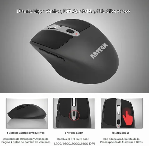 Vista 3 de Arteck Combo de teclado y mouse inalámbricos de 2.4 G, teclado de tamaño completo de acero inoxidable y mouse ergonómico con botones laterales