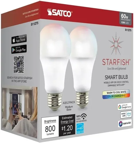 Vista 6 de Satco S11275 Starfish A19 Bombilla LED inteligente LED que cambia de color, funciona con Siri, Alexa, Google Assistant, SmartThings, 2700K-5000K