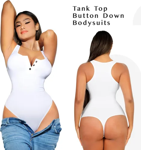 Vista 2 de FeelinGirl Body de cuello redondo para mujer, con control de abdomen, con botones, estilo casual, espalda cruzada
