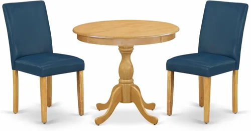 Vista 17 de East West Furniture AMAB3-BCH-61 - Juego moderno de 3 piezas antiguo que contiene una mesa de cocina redonda con pedestal y 2 sillas de comedor