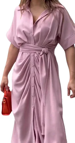 Vista 4 de CHARTOU Elegante vestido de blusa irregular de manga corta con botones y cinturón para mujer