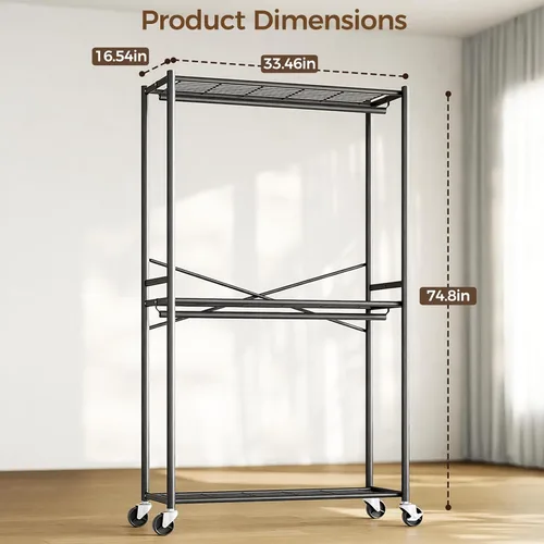 Vista 8 de HYSEYY Rolling Clothes Rack Heavy Duty Clothing Rack for Hanging Clothes Freestanding Garment Rack with Shelves & Wheels, Sturdy Portable Wardrobe