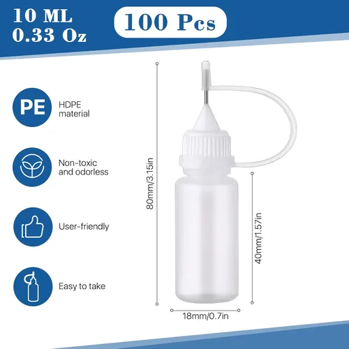 Vista 2 de Elesunory 100 botellas de punta de precisión con punta de aguja, 0.33 onzas líquidas, mini botellas aplicadoras de pegamento a granel, punta fina