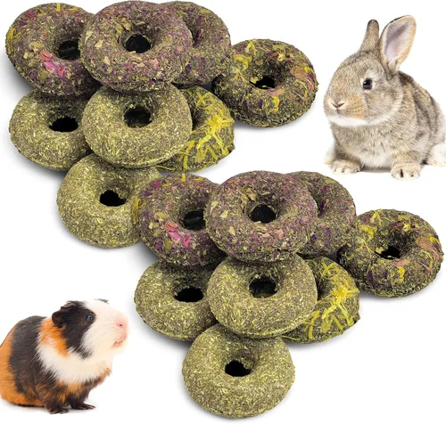 Vista 12 de Fhiny 10 juguetes masticables de conejo, golosinas de conejo con hierba natural y flores, pasteles de hierba molar para mascotas para conejillos