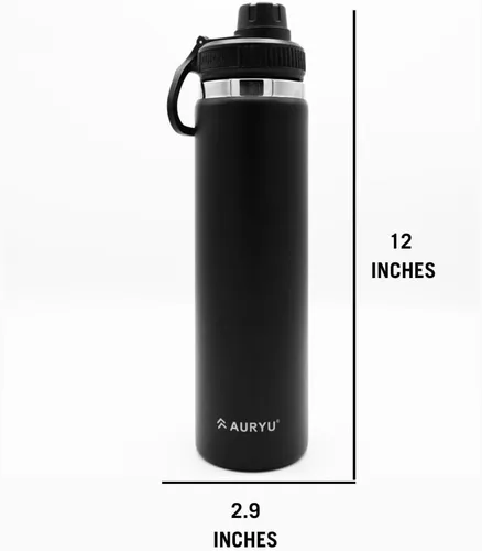 Vista 5 de Botella de agua negra de acero inoxidable de triple pared de 24 onzas, a prueba de fugas, termo sin BPA, con tapa de boquilla adicional, frasco
