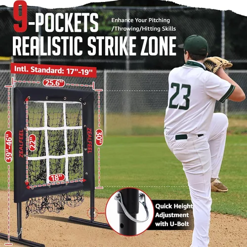Vista 2 de ZEALFEEL Red de lanzamiento de béisbol, red de tiro de 9 agujeros con zona de ataque, entrenador de lanzamiento ajustable de 5 alturas, red