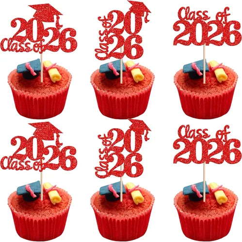 Vista 45 de 24 piezas 2026 temáticas de graduación 2026 decoraciones para cupcakes con purpurina clase de 2026 Diploma Congrats 2026 Tapa de graduación
