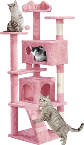 Vista 17 de Yaheetech - Torre de árbol para gatos de 62 pulgadas, torre para gatitos de interior, muebles para mascotas con doble refugio, postes para rascar