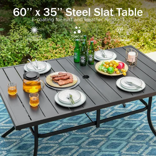 Vista 3 de PHI VILLA Juego de mesa de comedor para patio de 7 piezas con cojín para 6, mesa grande rectangular de metal para exteriores con orificio para Silla