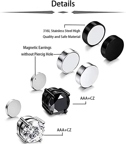 Vista 2 de HENGYID Juego de 4 pares de aretes magnéticos de acero inoxidable para hombres y mujeres, con imán de circonita cúbica sin perforaciones, 0.236in