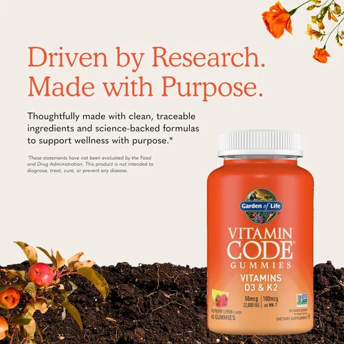 Vista 6 de Gomitas Garden of Life Vitamin Code D3 y K2 con prebióticos y probióticos, salud ósea, salud inmunológica y apoyo digestivo, cero azúcar, sin OMG