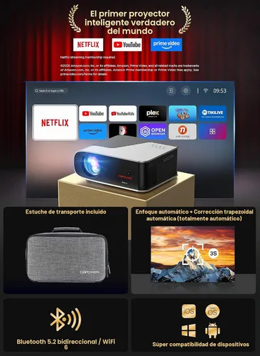 Vista 2 de [Auto Focus/Auto Keystone] Proyector inteligente con WiFi y Bluetooth, Dolby Audio, DBPOWER Native 1080p Projector, proyector de película 600ANSI