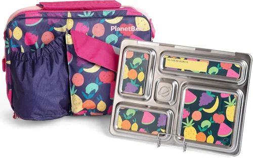 Vista 10 de PlanetBox Rover - Lonchera estilo Bento de acero inoxidable para jóvenes con 5 compartimentos, edición mariposas incluye bolsa de almuerzo aislada