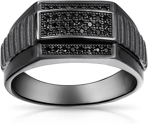 Vista 2 de Personalize - Anillo de compromiso con circonita cúbica de micro pavé para hombre, diseño cuadrado de dos tonos, blanco y negro, para hombre, plata