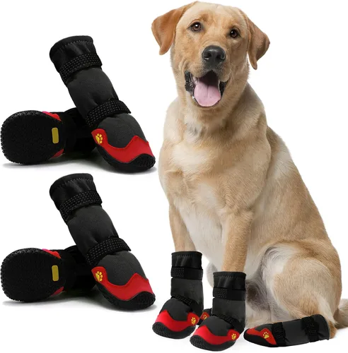 Vista 10 de Zapatos para perros para pavimento caliente, botas antideslizantes impermeables para perros pequeños a grandes con correas reflectantes, botas